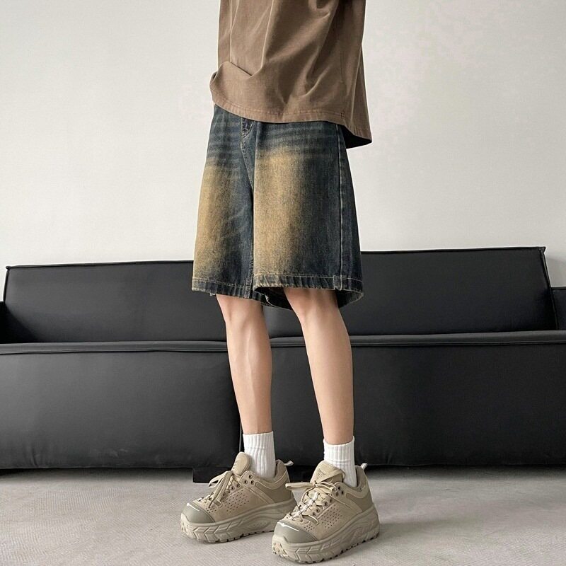 美式复古水洗牛仔短裤男生秋季新款cleanfi宽松直筒休闲五分裤子