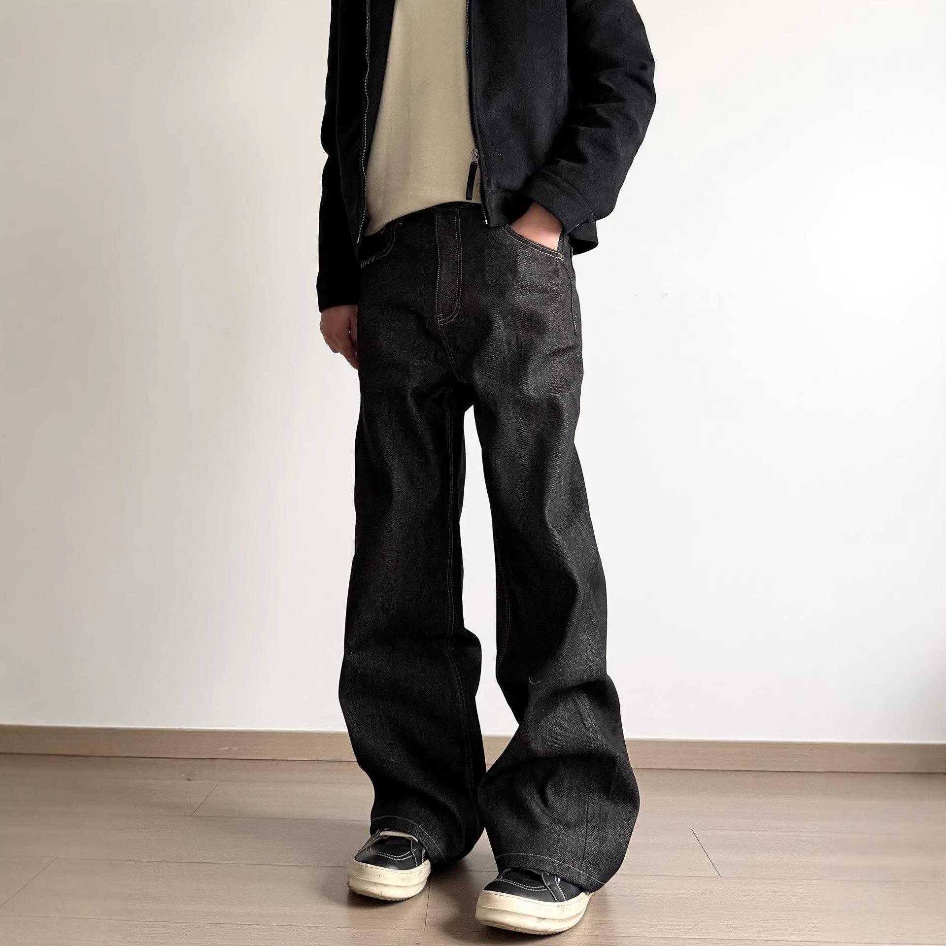 美式高街手缝线黑色牛仔裤男2026春秋季新款宽松直筒阔腿休闲裤子