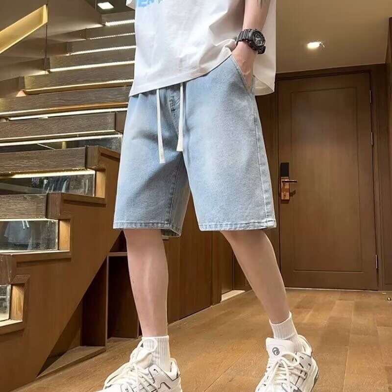 跨境美式夏季新款浅色牛仔短男装青少年薄款宽松运动休闲五分中裤