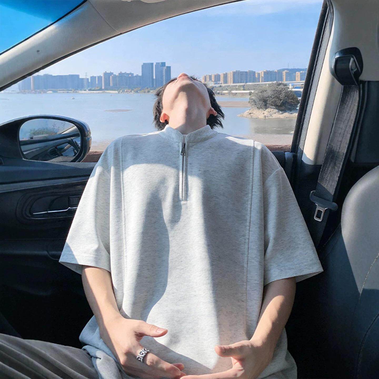 重磅半拉链正肩短袖t恤男夏季青少年宽松上衣美式潮牌潮流POLO衫