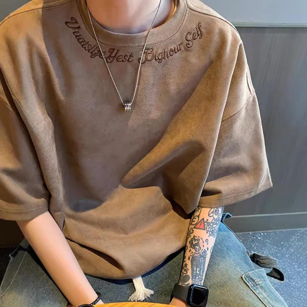 美拉德麂皮绒短袖t恤男生秋季新款潮牌刺绣痞帅内搭半袖打底衫潮