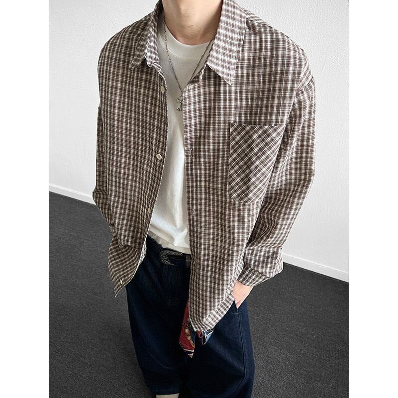 春秋季薄款格子衬衫男生休闲宽松翻领格纹长袖衬衣女韩版潮流上衣