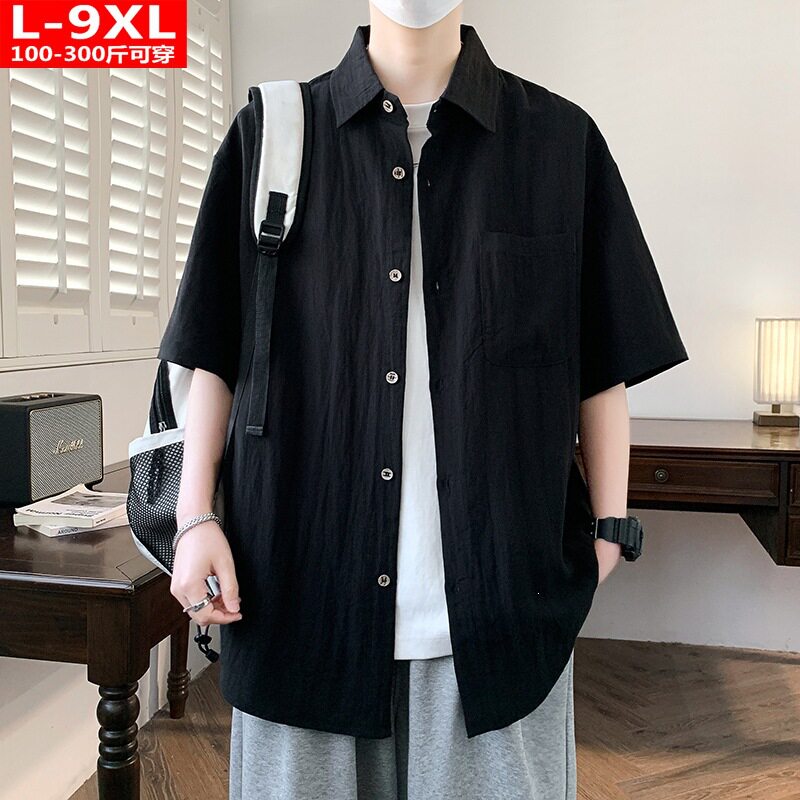 秋季港风潮男装百搭纯色亚麻方领短袖衬衫胖大码加肥宽松运动衬衣