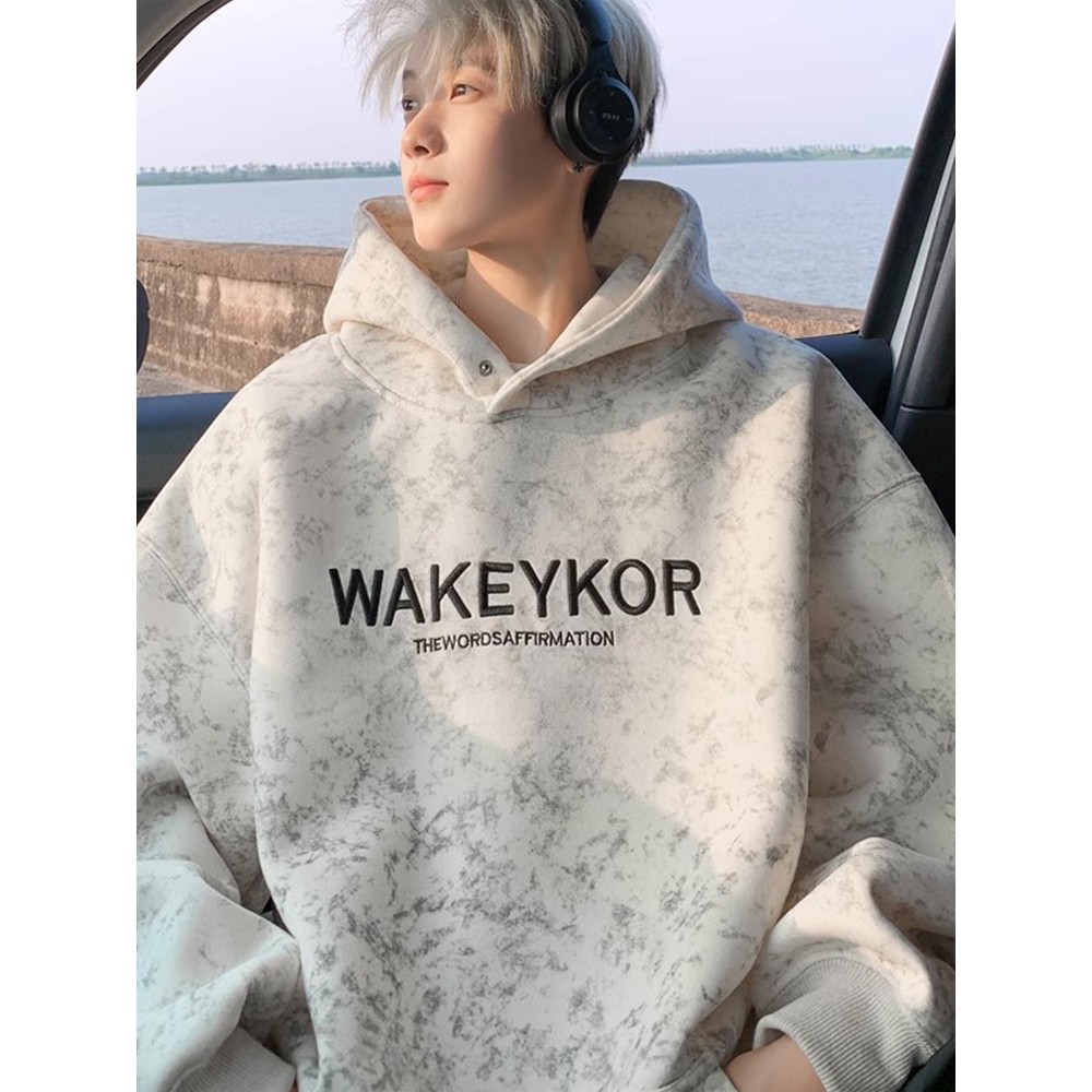 oversize美式扎染重磅卫衣男2025春秋硬挺刺绣宽松连帽上衣外套男