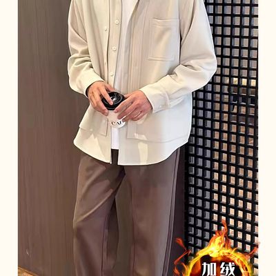 冬季加绒加厚宽松大码垂坠感休闲纯色长裤子男款高级修身显瘦西裤