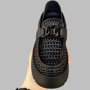 编织豆豆鞋男鞋夏季镂空透气厚底懒人一脚蹬两穿乐福皮面凉鞋男士