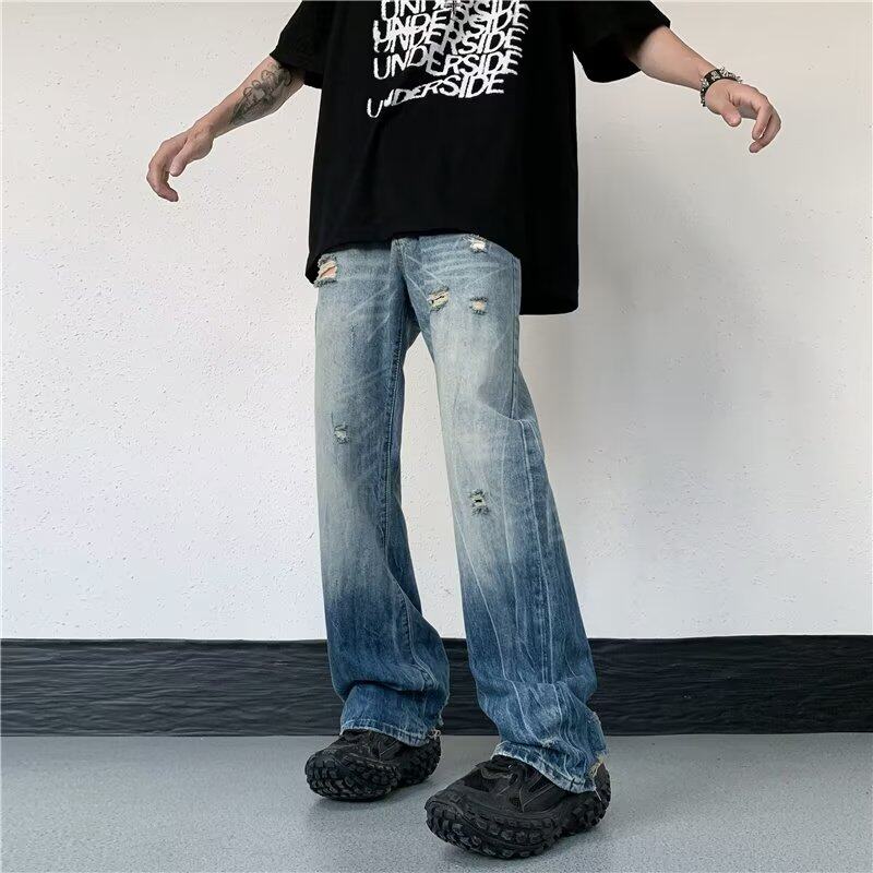 破洞长裤猫须微喇牛仔裤扎染裤子ins水洗直筒裤宽松拉链复古潮流