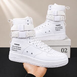 新款白色高筒靴子男士运动休闲高帮板鞋长筒男靴嘻哈潮流桔色男鞋