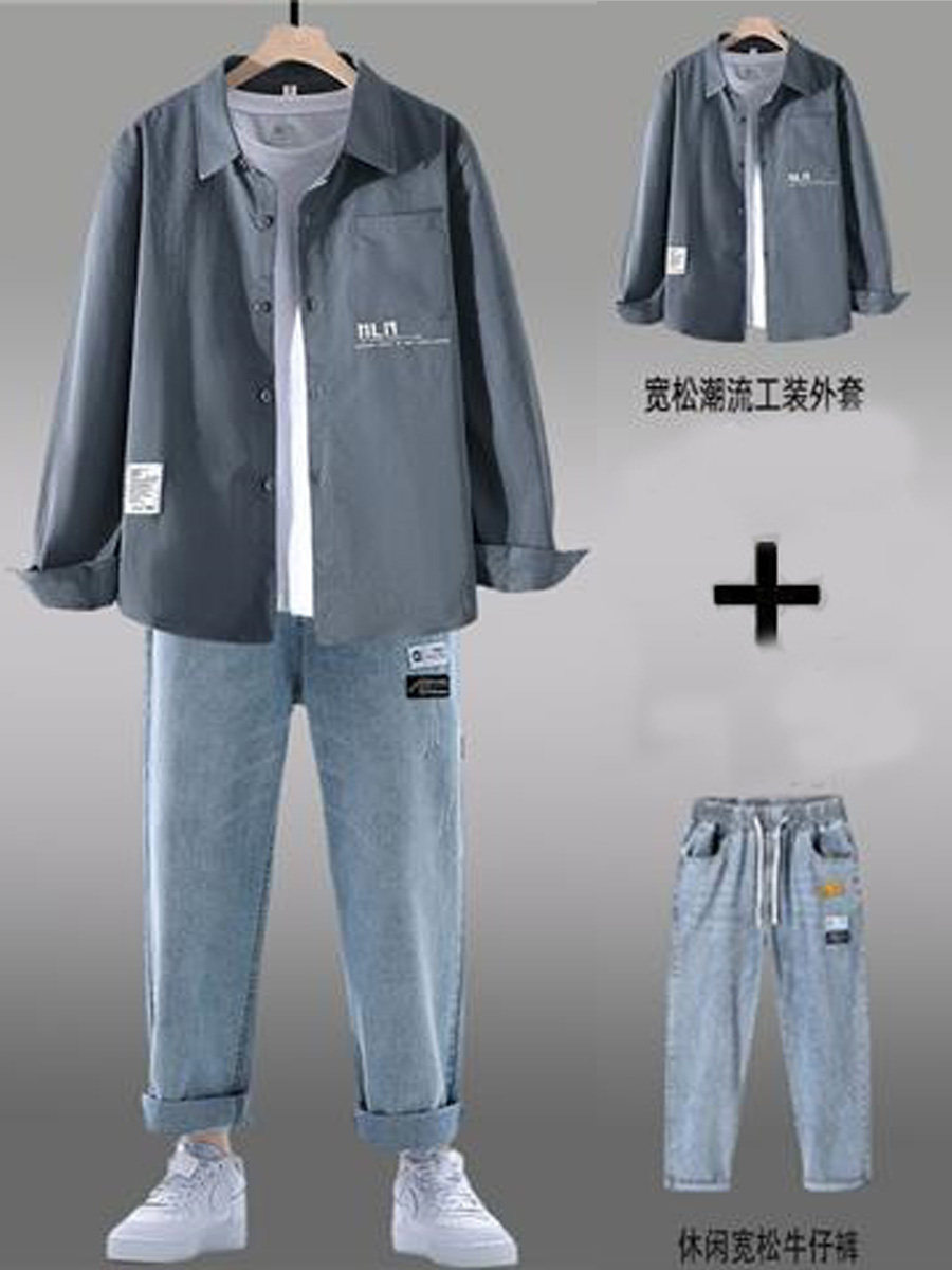 2024 NEW WHITE SHIRT MENS LONG SLEEVE CASUAL TRENDY BRAND SUIT MENS SET A HANDSOME SHIRT JACKET