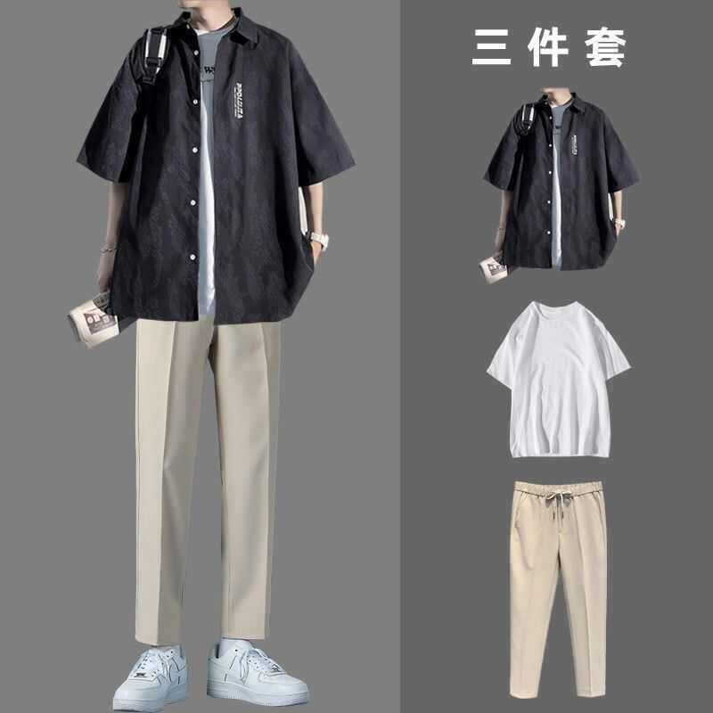 JAPANESE SHORT-SLEEVED SHIRT MENS SUMMER LUXURY SET HANDSOME MENS THREE-PIECE SET VERSATILE CASUAL SUIT