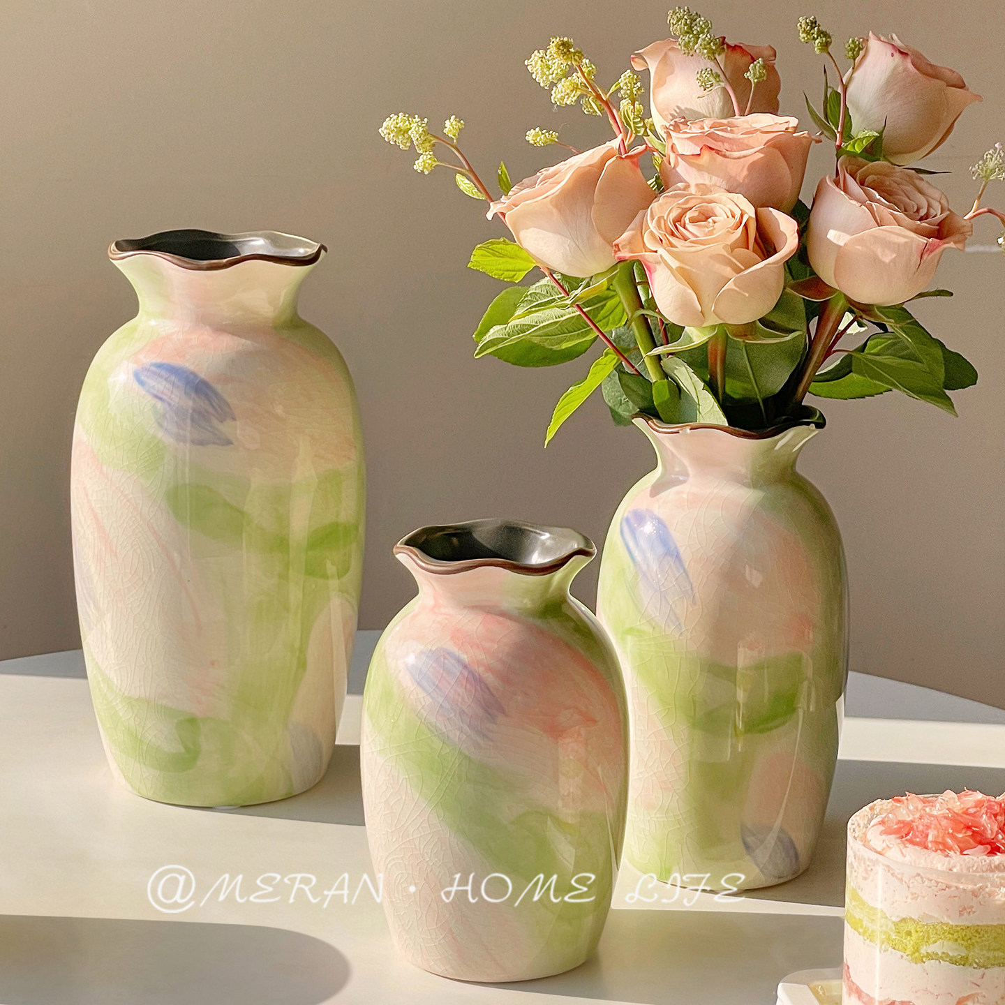 复古田园风陶瓷花瓶椭圆形釉下彩冰裂水养插花客厅装饰品摆件小众