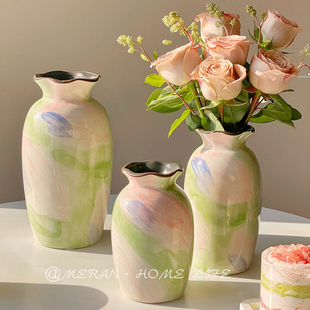 复古田园风陶瓷花瓶椭圆形釉下彩冰裂水养插花客厅装 饰品摆件小众