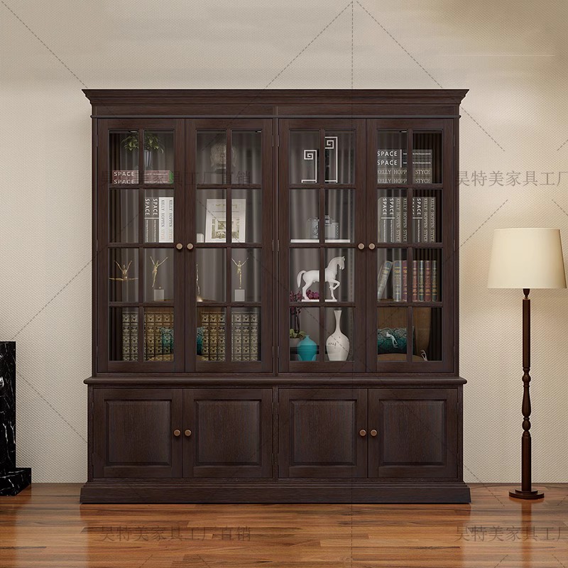 美式复古实木组合书柜红橡木书房满墙书柜定制书橱落地组合书柜-封面