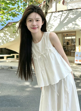 白色蝴蝶结无袖两件套女夏季2026新款小个子套装裙