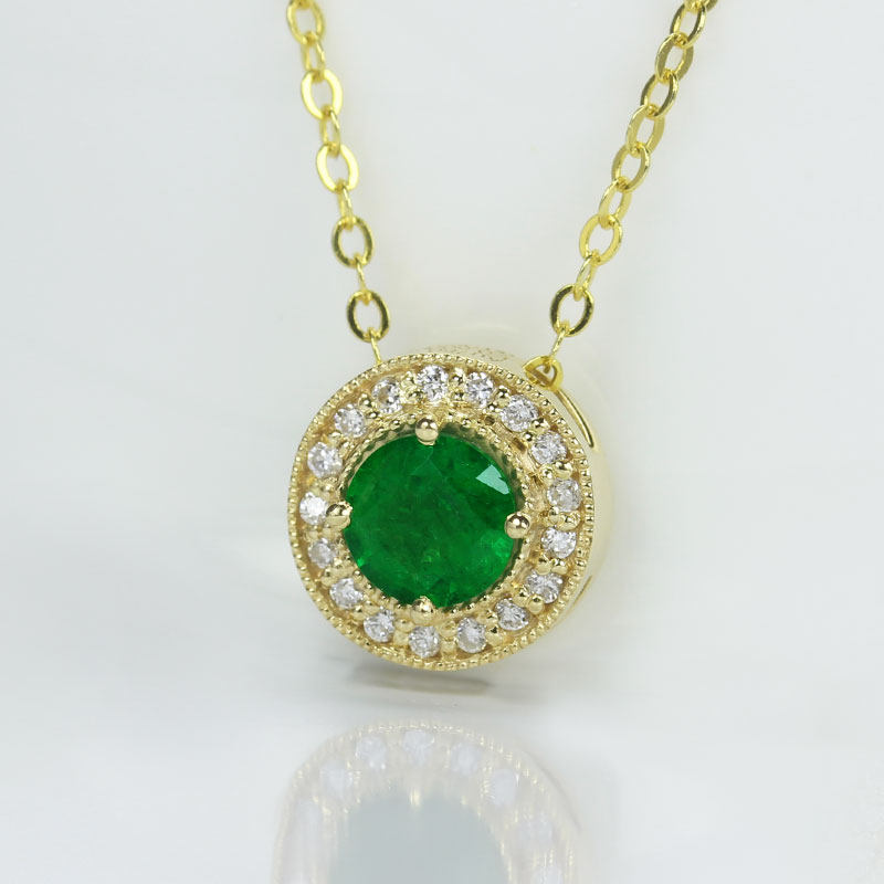 18k黄金天然祖母绿吊坠 60分圆形绿宝石钻石女款珠边复古项链正品