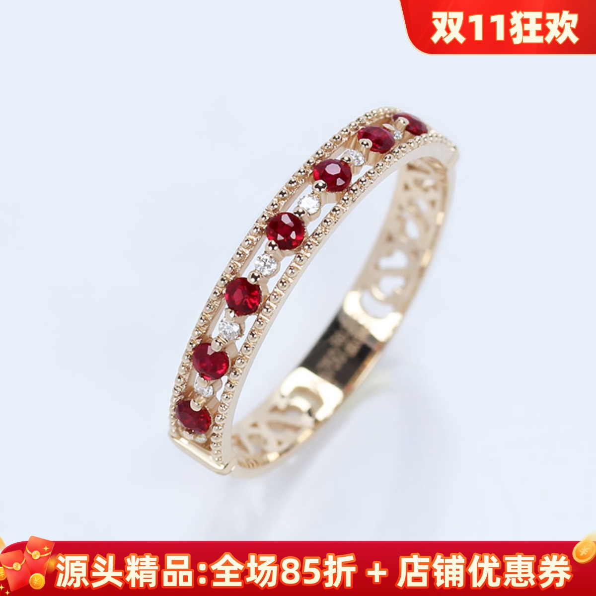 18k玫瑰金天然鸽血红宝石钻石复古排戒 彩金蕾丝小清新戒指女定制