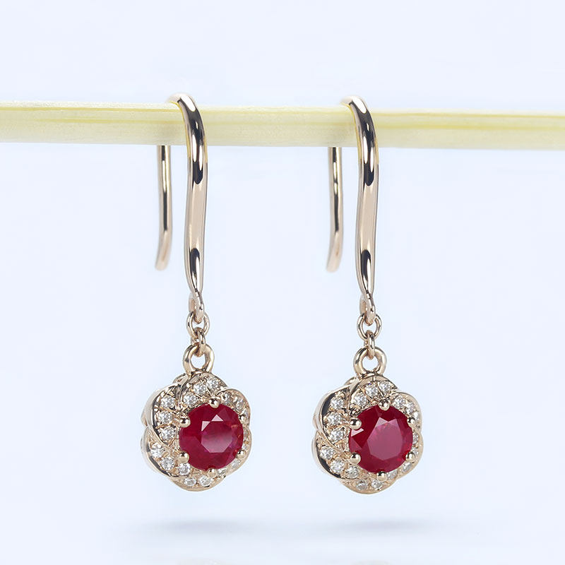 18K玫瑰金缅甸天然鸽血红宝石圆形复古花瓣耳坠 钻石耳环耳钩女款
