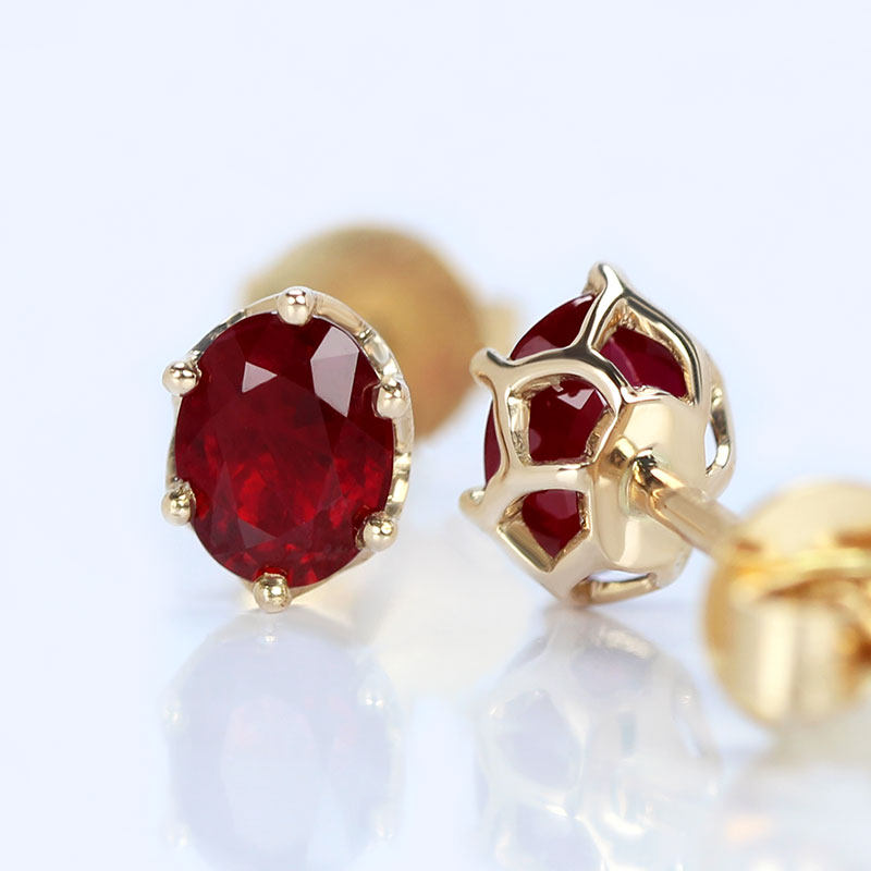 正品天然鸽血红宝石六爪花瓣耳钉 18K玫瑰金简约耳环珠宝复古女款
