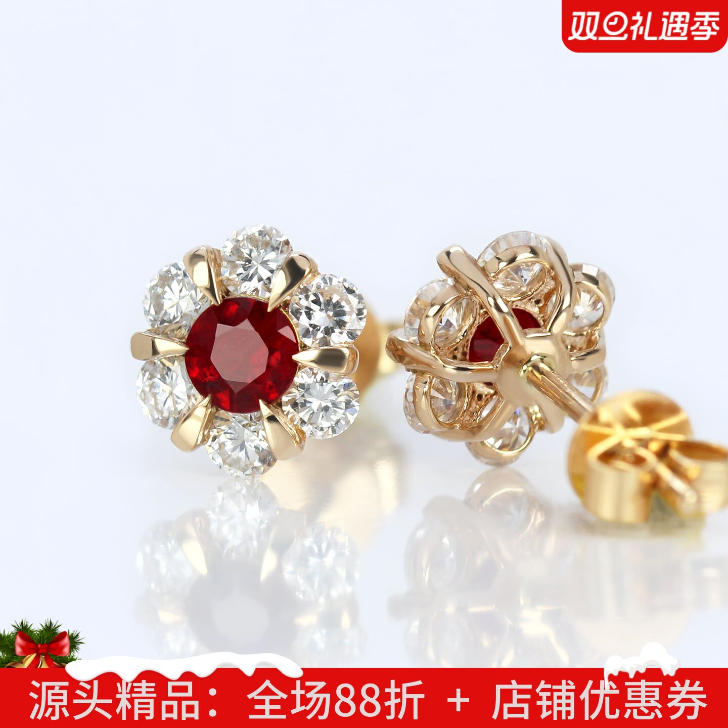 G18K玫瑰金天然鸽血红宝石六瓣花耳钉 爆闪培育钻石圆形耳环女款