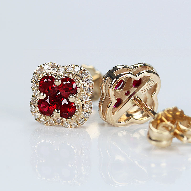18K玫瑰金天然鸽血红宝石幸运四叶草耳钉 钻石深红色耳环女款耳饰