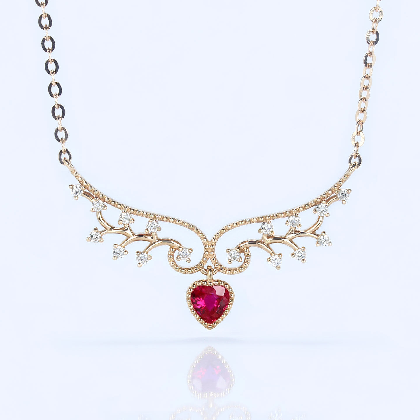 18K玫瑰金缅甸天然鸽血红宝石心形锁骨项链 镶嵌钻石正品唯美女款