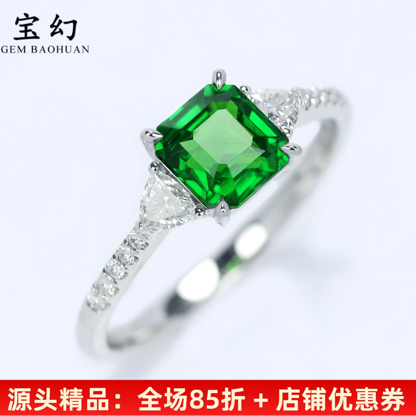 玻璃体18K白金天然沙弗莱戒指女