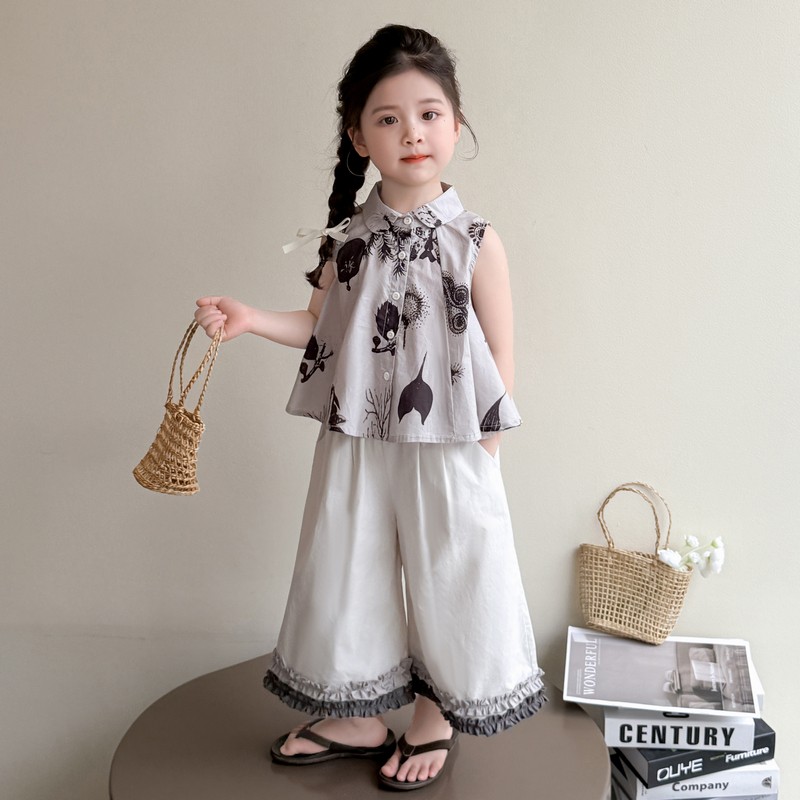 花边夏季儿童2025两件套无袖衬衫洋气女孩裤子新款套装阔腿裤女童