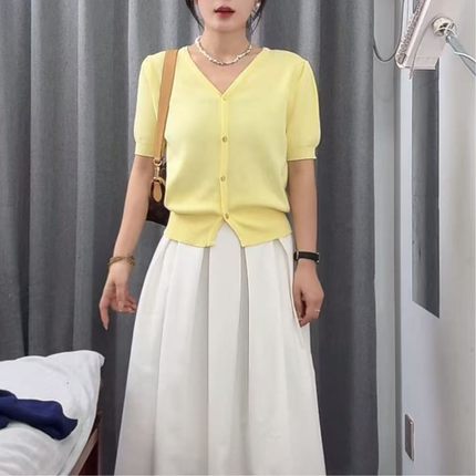 女薄款泡泡开衫袖冰丝春夏季外黑色搭小短款v上衣领短袖法式针织