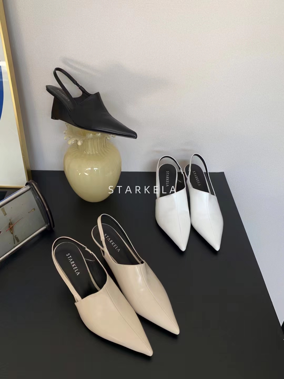 starkela时尚春秋气质纯色尖头异型跟中口后空绊带高跟包脚凉鞋女