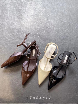 StarKeLa春新款尖头女后空T字带三角中跟包头凉鞋法式显瘦女单鞋