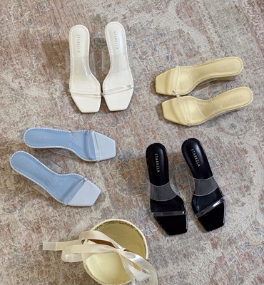 StarKeLa2026夏新款纯色方头pvc透明一字带高跟异型坡跟凉拖鞋女