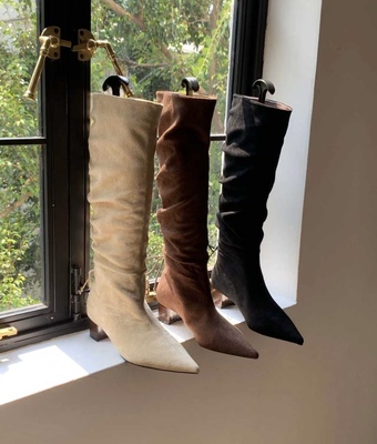 StarKeLa2025新款尖头粗跟中跟纯色绒面长筒靴女皱褶堆堆靴时尚靴