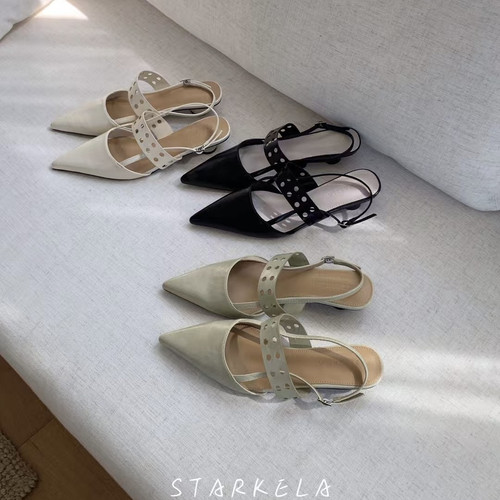 StarKeLa软皮法式镂空尖头小圆跟中跟女包头凉鞋一字扣带后空单鞋