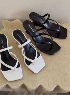 StarKeLa2026夏新款简约高跟方头坡跟夹脚趾人字拖外穿细带凉拖女