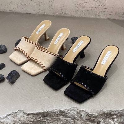 StarKeLa2026夏新款绒面时尚方头串线拼色细跟高跟凉拖鞋一字拖女