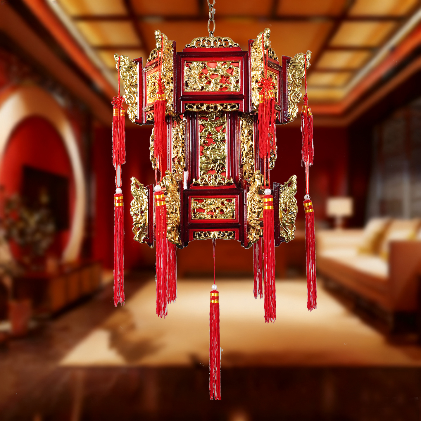 仿古贴金大龙头六角宫灯东阳木雕刻木制复古宫灯中式祠堂寺庙灯笼