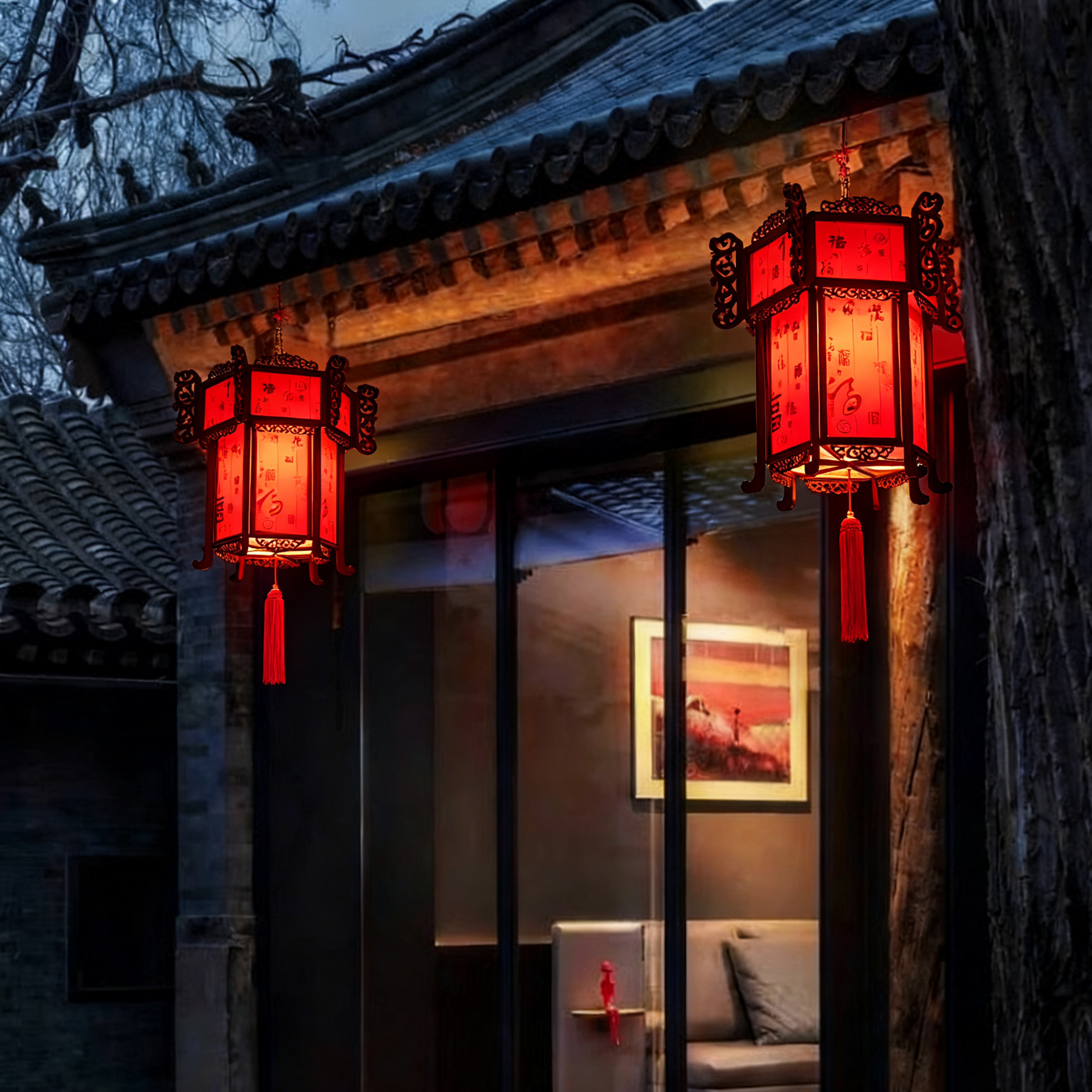 中式仿古实木制六角宫灯红福字灯笼园林餐厅民宿禅意吊灯花灯具