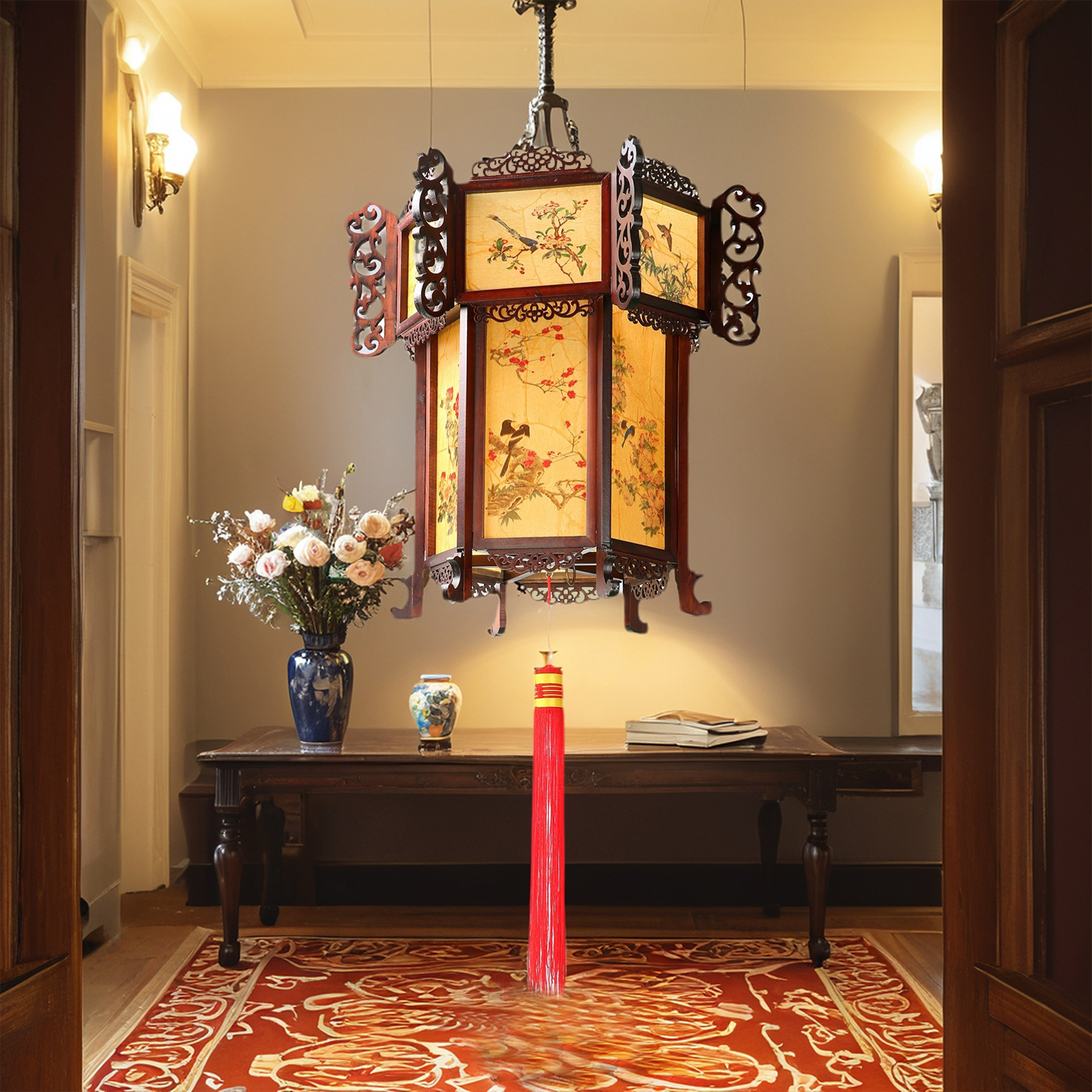 花鸟图实木六角宫灯木制室内户外园林工程仿古仿羊皮木质灯笼花灯