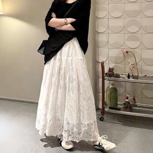 2026春款 设计感蕾丝花边半身裙女白色A字纱裙帘高腰显瘦长裙 法式