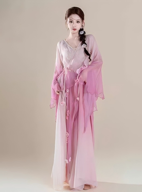古典舞蹈服女飘逸渐变色纱衣花朵装饰系带超仙演出服中国风表演服