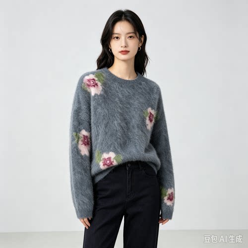 秋冬新款女士100%山羊绒拉绒针织衫女款圆领花朵拉绒羊绒针织衫