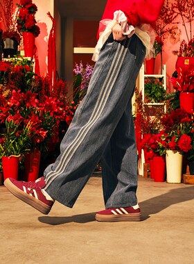 adidas阿迪达斯三叶草牛仔阔腿弯刀裤宋雨琦同款女蛇年长裤JN0726