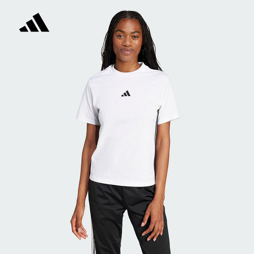 adidas阿迪达斯ESSENTIALS三条纹棉质半袖2026夏女短袖T恤 JD0844