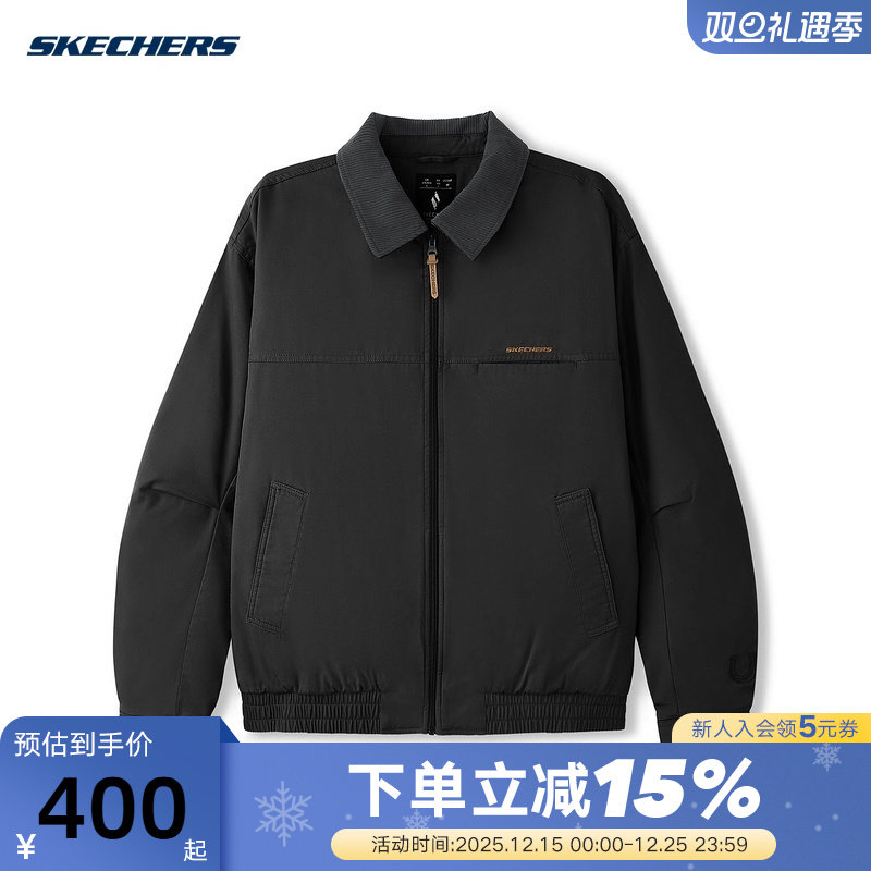 Skechers斯凯奇26春时尚翻领棉服宽松梭织裥棉外套 L126U001/0018