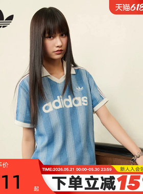 adidas阿迪达斯三叶草球衣风牛仔布半袖夏女翻领短袖T恤 KD5448