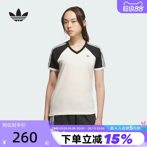 adidas阿迪达斯三叶草V领半截袖夏女三条纹复古短袖T恤KF0316