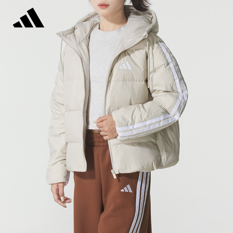 adidas阿迪达斯三条纹女款短连帽羽绒服秋冬装防风外套 KH3