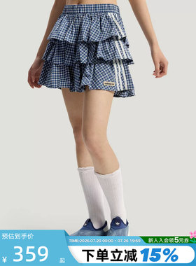 adidas阿迪达斯三叶草格子呢百褶蛋糕短裙2026夏女半身裙 KU9398