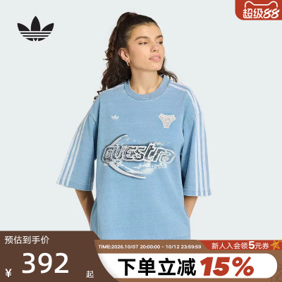 adidas阿迪达斯三叶草棉质牛仔布大号半袖丝印图案短袖T恤 KZ5011