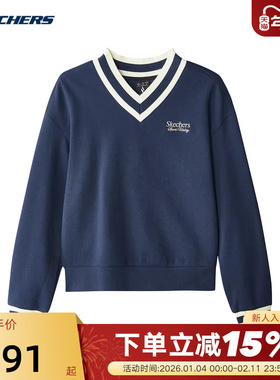 斯凯奇秋女针织套头衫V领卫衣休闲运动上衣 L324W023/002Z